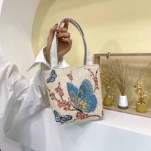 Summer New Fashion Mini Handbag, Double-Sided Gold Thread Embroidered Adorable Women Purse, Tote Bag, Butterfly Design