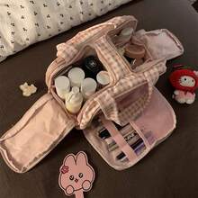 Neceser impermeable de gran capacidad, ligero y de gran apertura para mujer, organizador de maquillaje y cosméticos con asa para accesorios, artículos esenciales y artículos de tocador. - Rojo y blanco - Ver 5