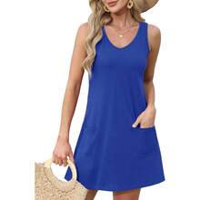 OFEEFAN Womens Summer Dresses 2025 V Neck Sleeveless Sundresses With Pockets Beach Vacation Clothes Floral/Plain - B Plain Blue - 查看 2