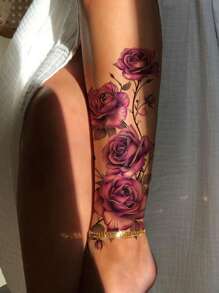 2 件性感紫色花朵临时纹身，逼真防水假纹身贴纸，适合女性，手臂、腿部、胸部人体艺术贴花 - 紫色 - 查看 4