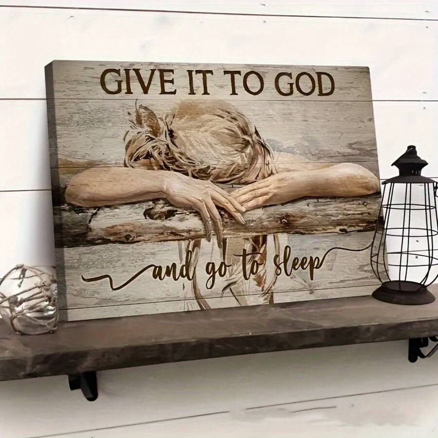 1pc Enfróntalo a Dios - Arte de Pared en Lienzo Inspirador con Marco - Textura de Madera Rústica, Listo para Colgar, Perfecto para Decoración del Hogar, Dormitorio o como Regalo Pensativo, Arte de Pared Grande - Negro - Ver 1