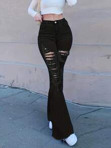 COMFYVOGUE Sexy Fashion Women's Ripped Hip Lift Jeans Flared Pants - 黑色 - 查看 4