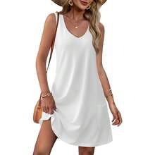 OFEEFAN Womens Summer Dresses 2025 V Neck Sleeveless Sundresses With Pockets Beach Vacation Clothes Floral/Plain - B Plain White - 查看 1