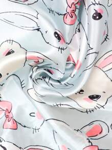Set de 2 piezas de pijama de niña con estampado de conejo, cuello vuelto, botones y manga corta, short - Ropa de casa cómoda y casual