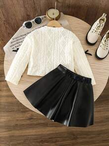 2pcs/Set Girls' Solid Color Bow Hollow Long Sleeve Top And Black PU Leather Skirt Set, Sweet Vacation Cute Fashion Knit Top And Mini Skirt Outfit, Suitable For Outdoor, Party, Gift, Spring/Autumn