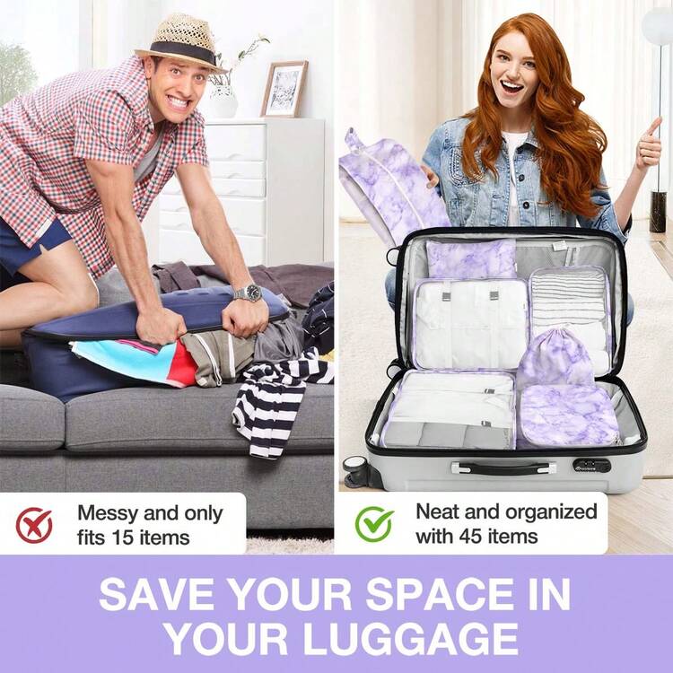 8 Set Travel Essentials, Suitcase Organizer Bags, Packing Cubes, Storage Bag, Travel Organizer Bags, Vacation Essentials, Travel Accessories, Cruise Essentials, Beach Essentials, Purse Essentials, School Supplies, Suitable For Organization And Storage - 紫色大理石 - 查看 7