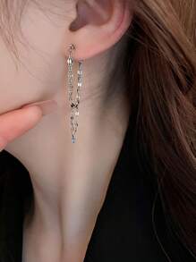 纯银 925 耳钉 简约长条耳环 带链条 吊坠耳环 女士款 金色/银色