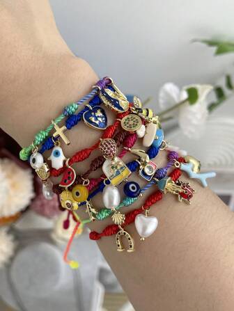 1pc Bohemian Style Creative Fashion Elegant Light Luxury Copper Inlaid Synthetic Zirconia Globe Ladybug Strawberry Bee Devil's Eye Braided Bracelet For Women Sisters Couple Graduation Jewelry Gift For Daily Dating Party Holiday Gift Giving Christmas Vacation Wear Adjustable Size Bracelet Strap