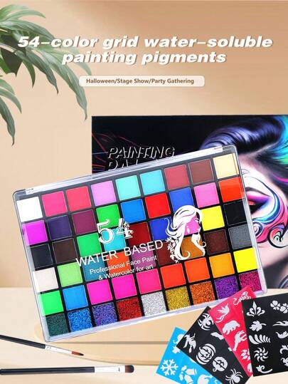 1 Set Of 54pcs Colorful Face Paint Palette, Including Entertainment & Theatrical Characters Accessories. 1 Set Of Carnival Face & Body Paint With Brushes And Stencils For Painting