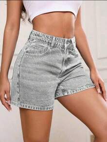 Women High Waist Washed Vintage Loose Denim Shorts, Knee Length, Casual Retro Style, Summer Fashion - Grey - View 3