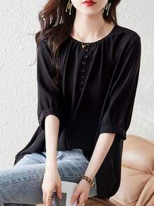 Lightweight Button-Up Shirt For Women - Plus Size, Loose Fit, Short Sleeves, Round Neck, Breathable Shirt Perfect For Spring And Summer Work And Home Wear, Comfortable And Soft Casual Fashion Top For Relaxation - 黑色 - 查看 3