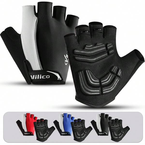 Vilico 1 par de luvas de ciclismo para atividades ao ar livre, azuis, pretas e vermelhas, para verão, primavera e outono, com absorção de choque, resistentes ao desgaste, esportivas, com meio dedo, proteção solar, para pesca e academia