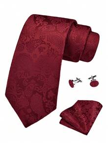 3pcs Men's Tie, Pocket Square, Cufflink Set - 8cm Wide Burgundy Paisley Pattern, Classic Fashion Business Casual Tie Set, Suitable For Wedding, Christmas, Party Gift - Burgundy - View 2