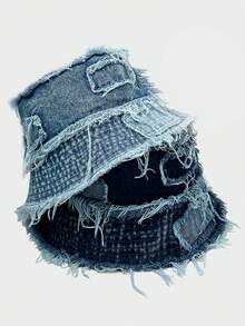 1pc Men's Patchwork Distressed Bucket Hat, Summer/Autumn Tie-Dye Fringe Brim Bucket Hat, Street Fashion Denim Cap Suitable For Outing, Hiking, Streetwear - A - View 3
