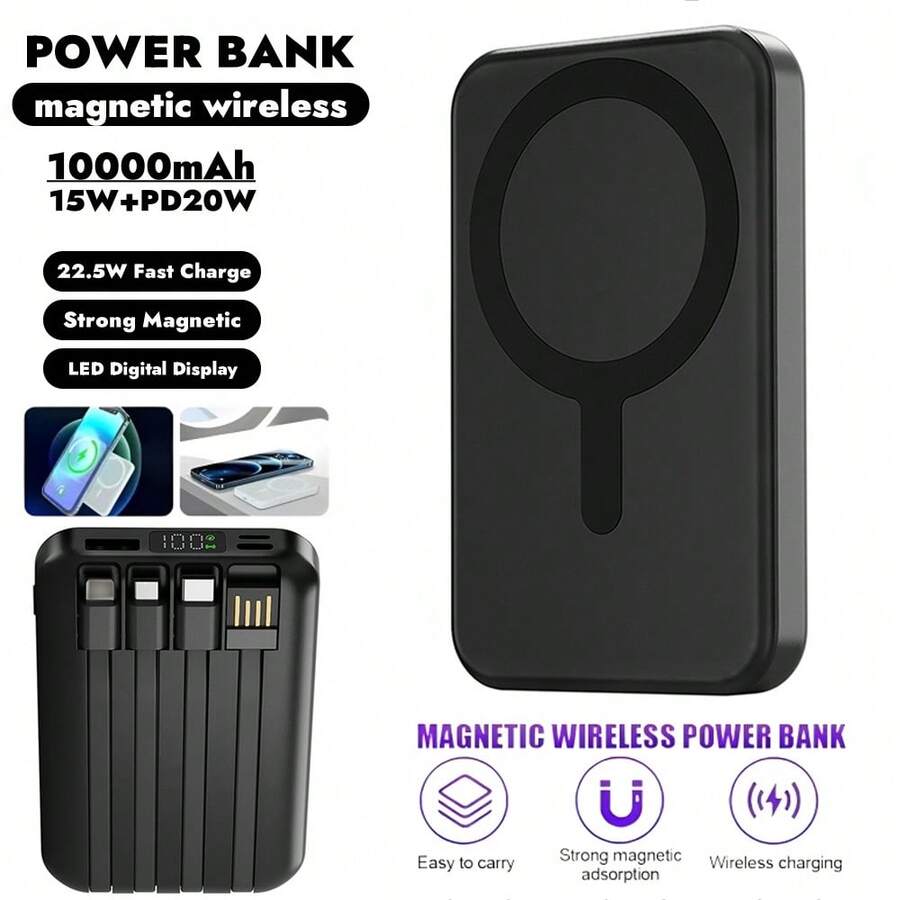 Pin dự phòng không dây từ tính 10000mAh Màn hình LED Sạc nhanh PD 22,5W Bộ sạc di động tương thích với iPhone 16/15/14/13/12 Series Thích hợp cho kỳ nghỉ hè Du lịch/Cắm trại ngoài trời và Nguồn điện dự phòng khẩn cấp Quà tặng cho gia đình, bạn bè, sinh nhật - màu đen - Xem 1