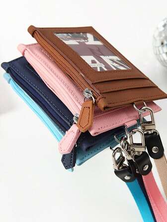 休闲仿皮卡包 - 1 件带挂绳的拉链证件包 - 无衬里可手洗女士钱包迷你钱包钱包学校用品卡包钱包返校用品