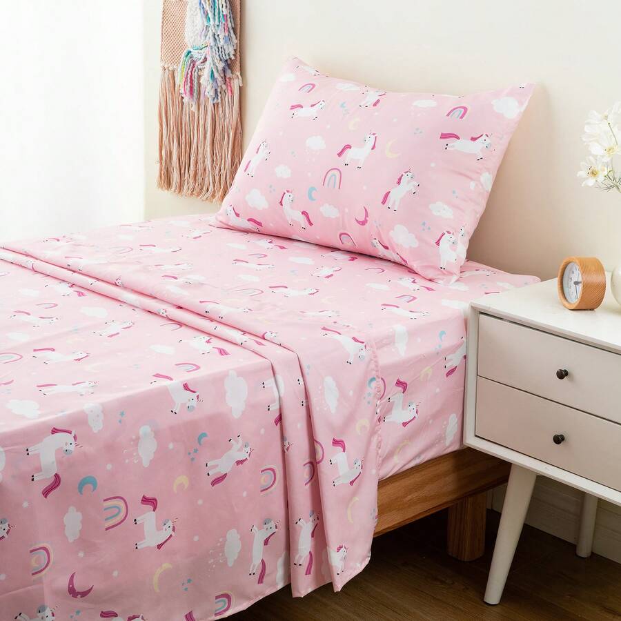 Unicorn Kids Sheet Set Twin Size, 3 Piece Twin Bed Sheet, Breathable Fitted & Flat Sheets,Deep Pocket Cozy Microfiber Toddler Bedding Set For Boys Girls - PinkUnicorn - View 1