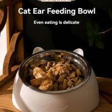 A Detachable And Washable 15° Cute Cat Design Stainless Steel Pet Cat Bowl With A Tilted Neck Protection.