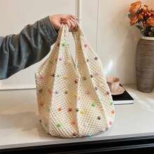 Summer Commuting Woven Bag For Women Single Armpit Bag, Fashion Large Capacity Tote Bag, Beach Pearl Hollow Handbag Shoulder Bag