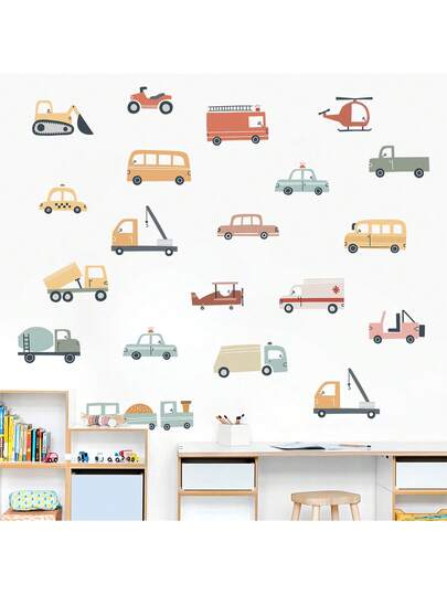 Cartoon Construction Vehicle Wall Decals For Kids Room - Truck & Digger Theme Removable Peel And Stick Nursery Bedroom Decor | Home Decoration Educational Bedroom Stickers With Dump Truck, Cement Mixer & Crane