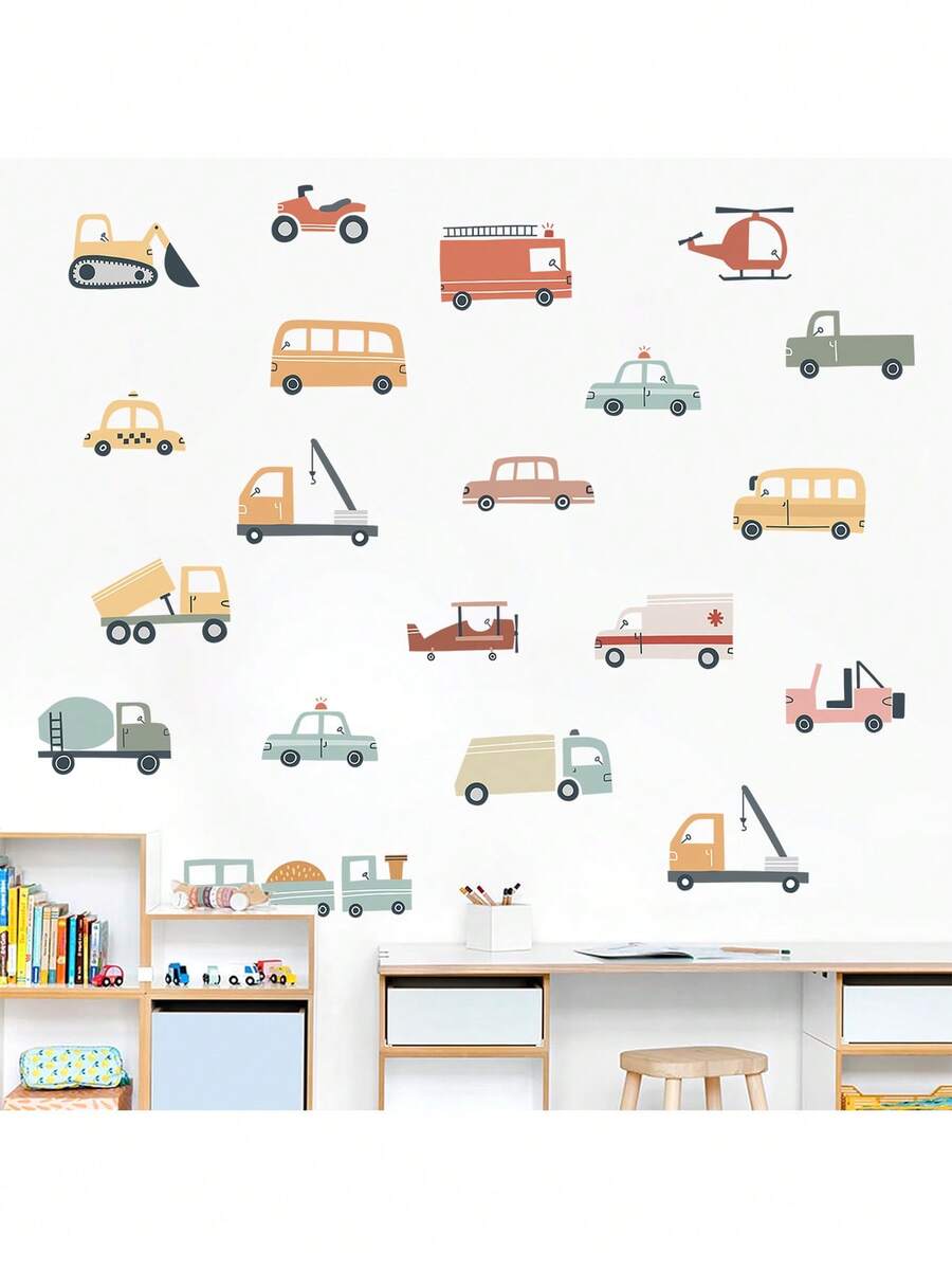 Cartoon Construction Vehicle Wall Decals For Kids Room - Truck & Digger Theme Removable Peel And Stick Nursery Bedroom Decor | Home Decoration Educational Bedroom Stickers With Dump Truck, Cement Mixer & Crane - Multicolor - View 1