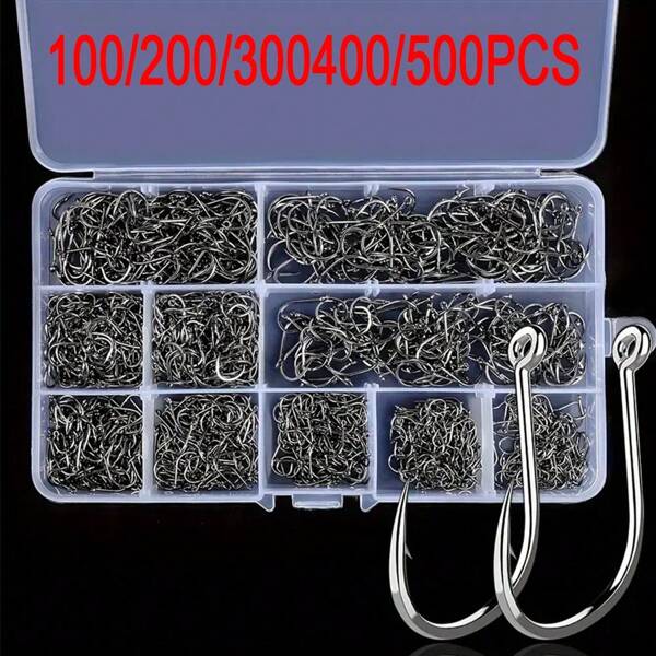 100/200/300/400/500pcs High Carbon Steel Fishing Hooks Set, Sport Circle Sharp Piercing Hooks, Sizes #3 To #12 - Assorted Fishhooks With Storage Box For Freshwater Saltwater Fishing