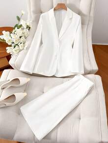 2pcs Women Spring/Summer/Autumn Casual Loose Button-Up Jacket And Shorts Set - White - View 2