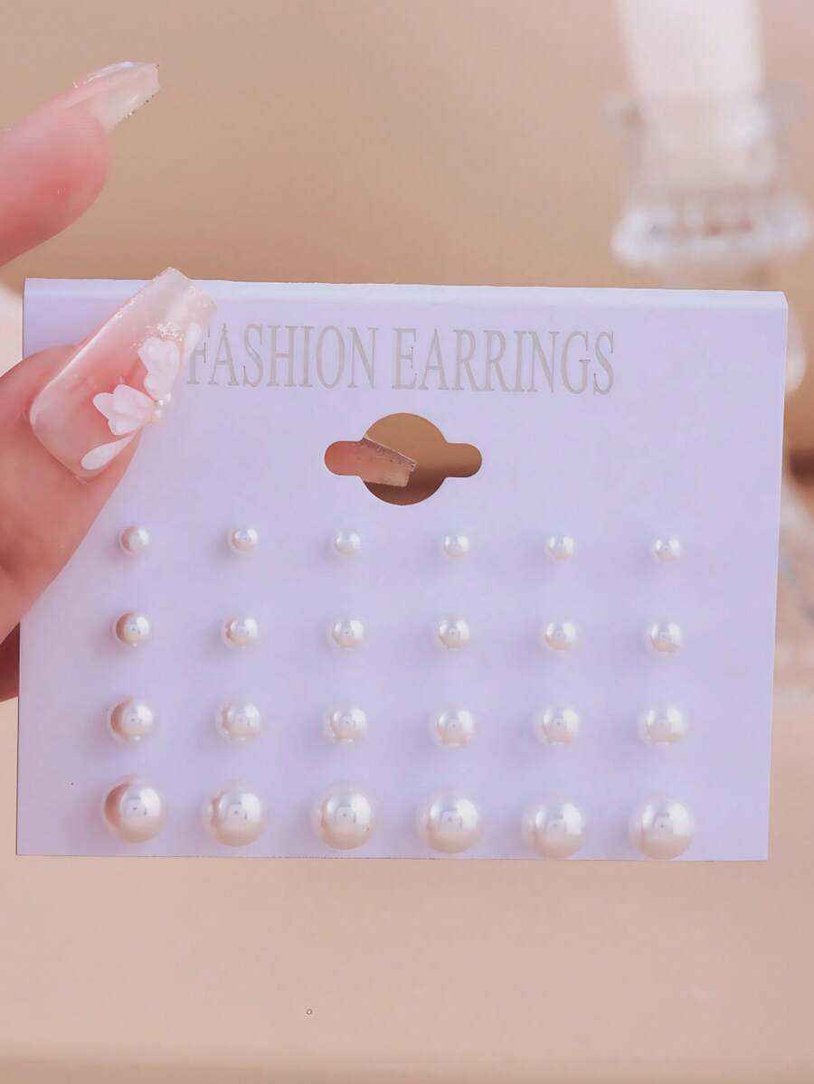 12pcs/Set Faux Pearl Stud Earrings, Suitable For Daily Wear - White - View 1