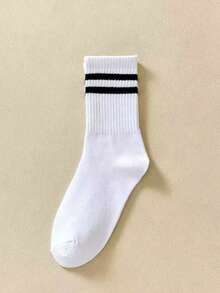 5 Pairs/10 Pairs White, Black, Gray Solid & Double Stripe Neutral Mid-Calf Socks, Everyday, Minimalist, Elegant Mid-Calf Socks - Multicolor - View 4