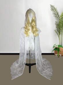 1pc Lace Hooded Cape Shawl, Black/White, For Wedding Bride, Holiday/Party Dress-Up