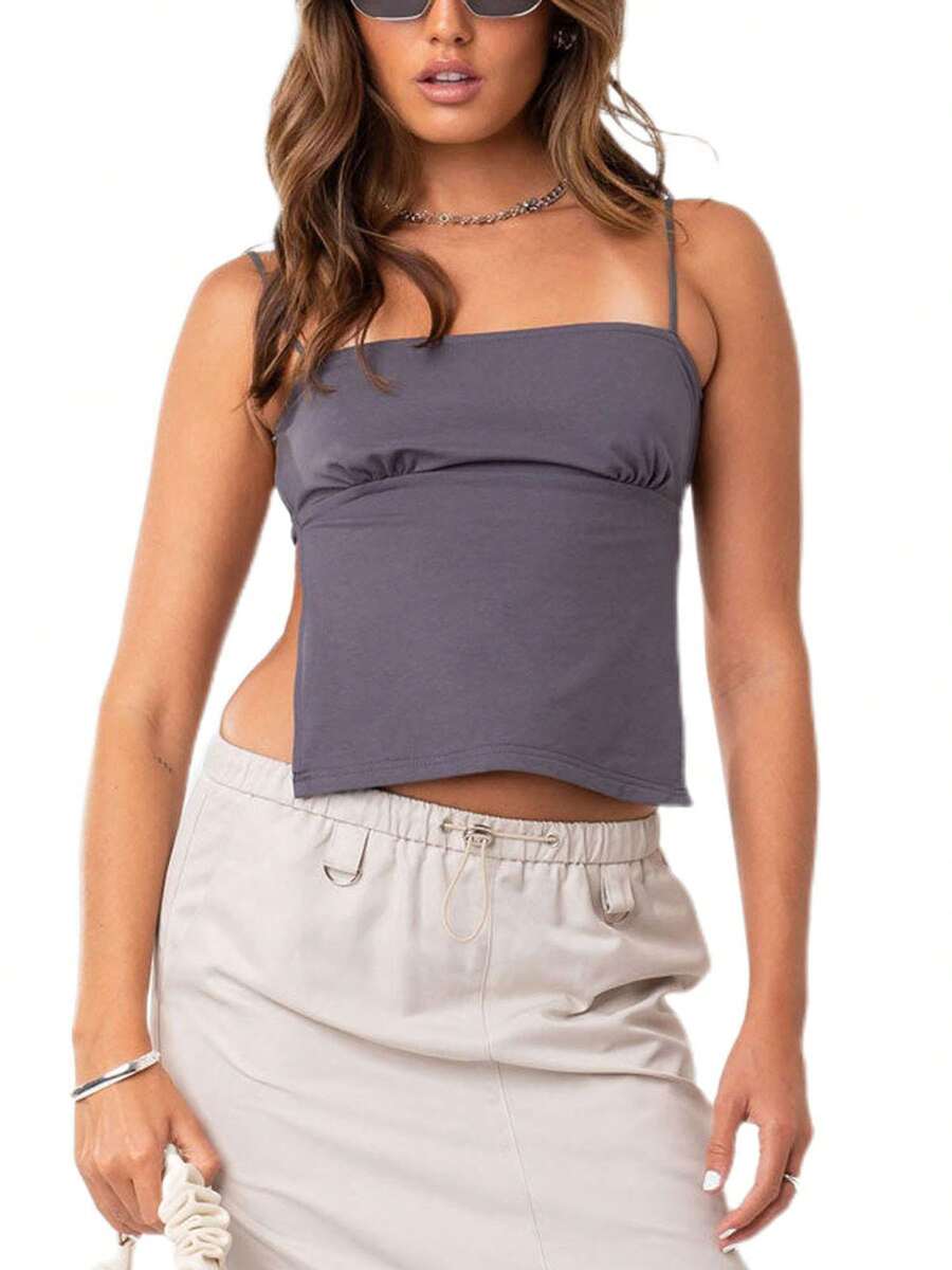 Womens Summer Mini Skinny Sling Vest Solid Color Sleeveless Backless Tie Up Crop Tops Spaghetti Strap Camisoles - Grey - View 1