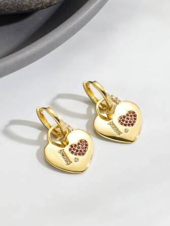 Charm-In 一对简约甜美 18k 镀金黄铜维多利亚风格心形耳环，镶嵌锆石，适合女性的节日礼物