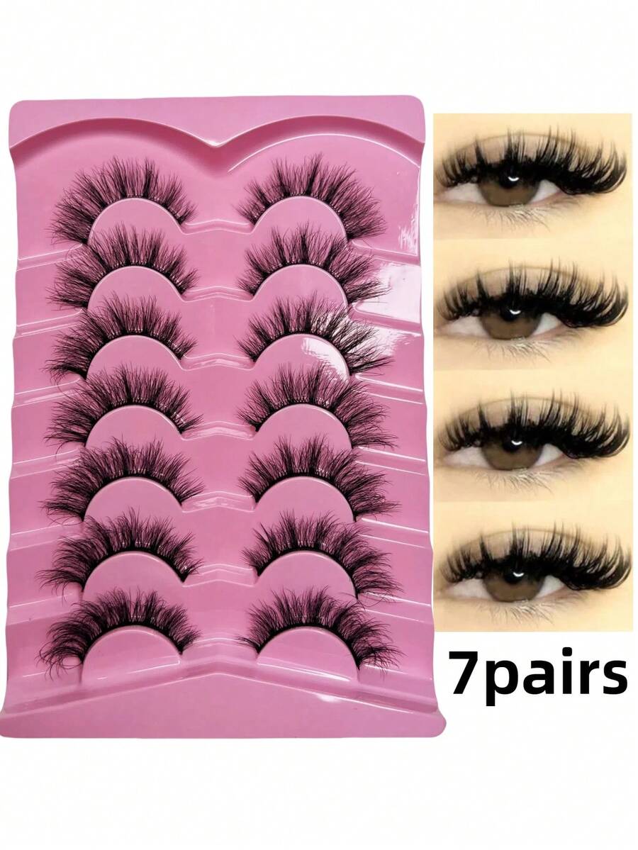 7 对高品质仿貂皮蓬松卷曲交叉睫毛，带眼线效果，适合初学者打造自然妆容，可重复使用