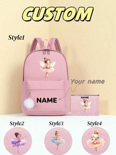 Personalized Ballet Backpack Set, Perfect For Young Dancers And Fairy Tale Enthusiasts. The Backpack And Matching Pouch Can Be Customized With Names. The Spacious Backpack Can Hold Textbooks, Dance Shoes, And School Supplies.