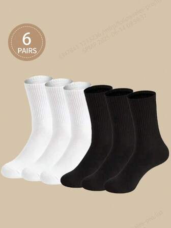 6 Pairs Women Black And White Simple Everyday Crew Socks, Fall Socks