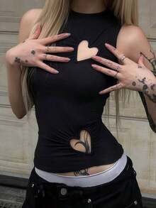 个性女童黑色针织吊带背心，露脐短款，心形镂空设计，圆领，中等弹力，适合休闲穿着 - 黑色 - 查看 5