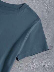 女童和青少年学生休闲灰蓝色图案印花圆领短袖T恤上衣，夏季