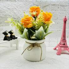 1pc Lifelike Delicate Rose Potted Plant, Suitable For Living Room Decor