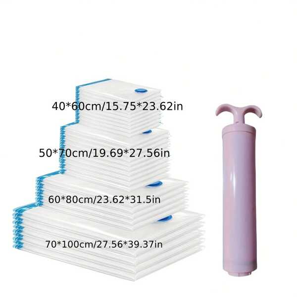 6pcs Various Size Space Saving Vacuum Storage Bags, Vacuum Seal Bags For Travel, Suitable For Clothes, Packaging, Luggage, Blankets, Comforters, & Pillows, Including Manual Air Pump For Toiletry Bags Etc.