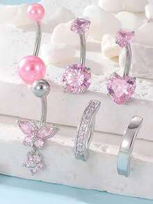 6pcs Simple Pink Navel Rings With Pearl And Cubic Zirconia, Suitable For Women/Ladies Daily Wear - 6 Navel Rings - View 6