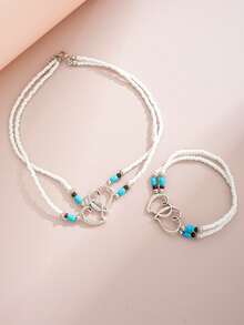 2Pcs Boho Vintage Turquoise Stone Fashion Double Layer Bead Heart Chain Necklace & Chain Bracelet Jewelry For Women Festivals, Vacations, Parties, Dates, Gifts, And Daily Wear - 彩色 - 查看 6