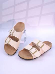 1 Pair Unisex Teenagers/Couples Metal Buckle Comfortable Flat Open Toe Sandals, Fashionable For Daily Wear - Beige - View 2