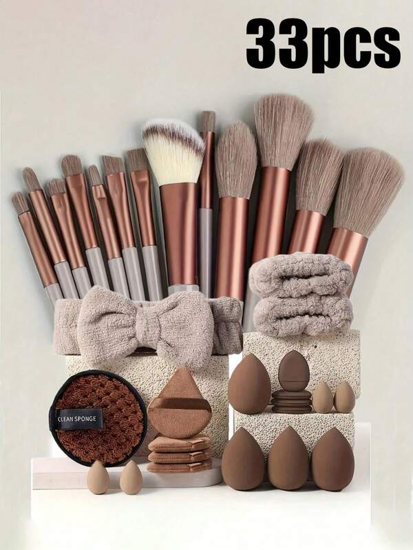 A Set Of 33 Makeup Brushes (With A Drawstring Storage Bag), Including Makeup Powder Puff, Makeup Sponge, Rouge Brush, Foundation Brush, Eyeshadow Brush, Contour Brush, Eye Brush, Soft Hair Brush, Rouge Brush, Professional Makeup Brush Set, Women's Makeup Brush Set, And Face Wash Makeup Brush Set