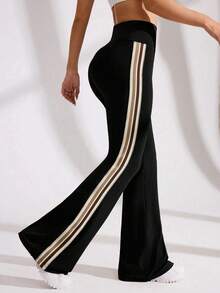 加大码女式高腰喇叭腿条纹运动裤，百搭户外骑行休闲裤