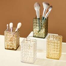 1Pc Transparent Plastic Square Cosmetic Storage Box, Large Capacity Makeup Brush Holder, Desk Storage Container For Lipstick,Eyeliner,Stationery, Multifunctional Makeup Storage Organizer, Suitable For Bathroom, Bedroom, Dormitory, Office - Multicolor - View 2