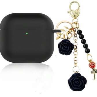 Porte-clés, tour de cou Étui Apple style INS avec breloque en résine et métal de camélia. Housse de protection en silicone pour écouteurs Bluetooth