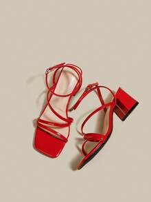 女士红色交叉露趾高跟凉鞋，系带，粗跟，系带，夏季鞋 - 紅色 - 查看 6