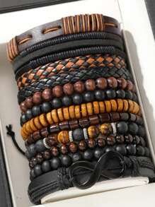 12pcs Multi-Color Men's Beaded Leather Bracelet, Retro Artificial PU Wood Bead Stone Handmade Beaded Elastic Cord Bracelet For Men, Birthday Gift, Daily Outfit, Christmas Gift
