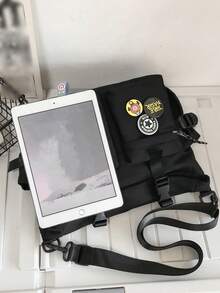 Men's Letter Decor Solid Color Messenger Bag With Pendant Back To School Supplies Laptop Bag