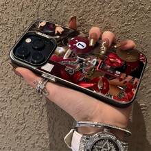 1pc Collage Lip Cherry Billiard Ball Pattern IMD Glossy Phone Case Compatible With IPhone 16 Promax/15/14Plus/13/12/11